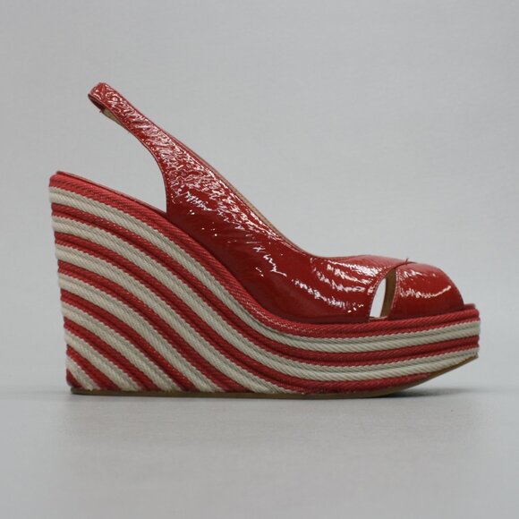 Michael Kors Ladies 10 Red Patent Leather Peep-toe Platform Wedge Heels Shoes - Picture 4 of 12